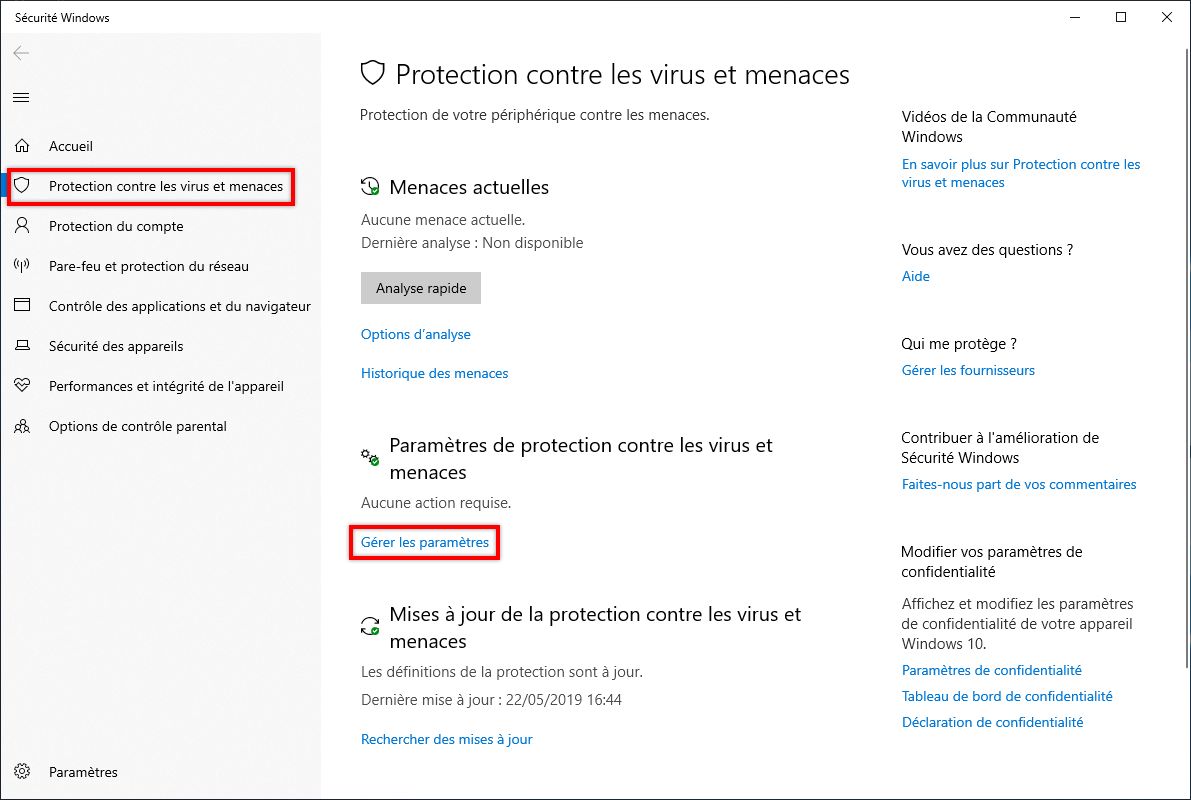 Cliquez sur Gérer les paramètres dans les paramètres Protection contre les virus et les menaces.