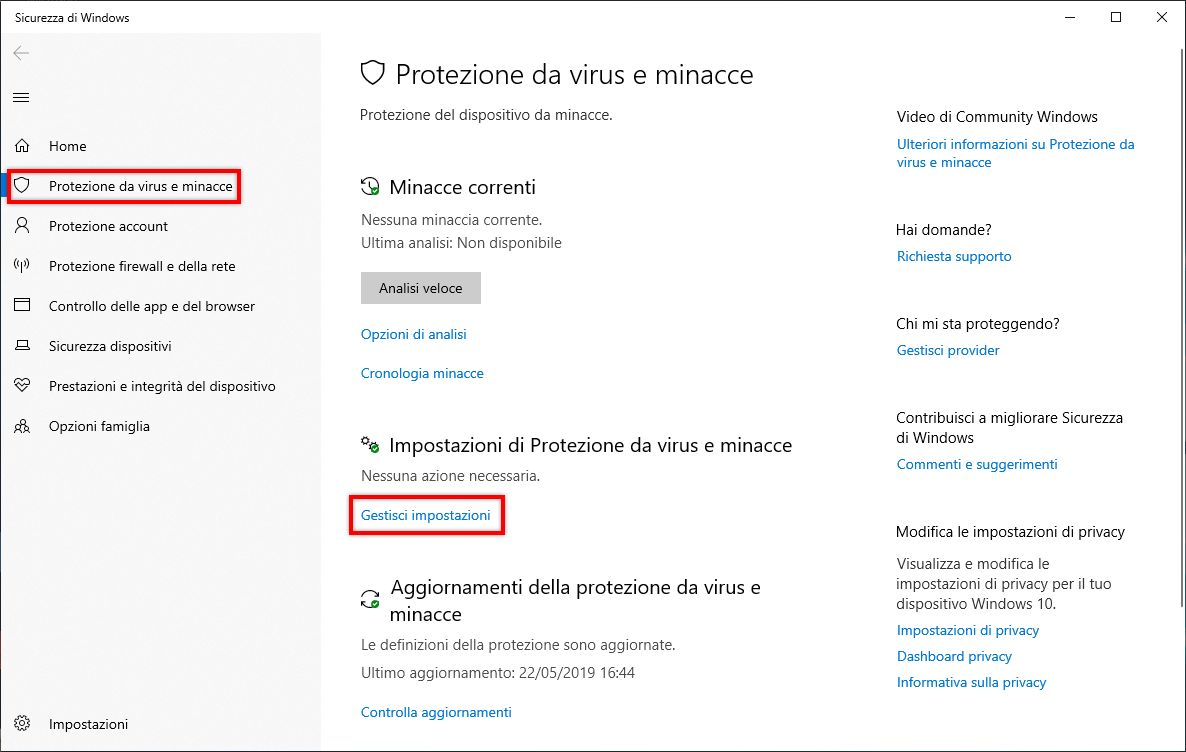 Fai clic su Gestisci impostazioni nelle impostazioni di Protezione da virus e minacce.