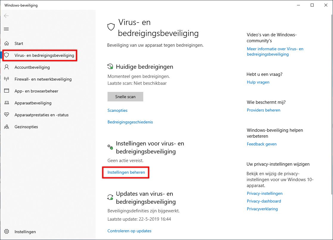 Klik op Instellingen beheren in de instellingen voor Virus- en bedreigingsbeveiliging