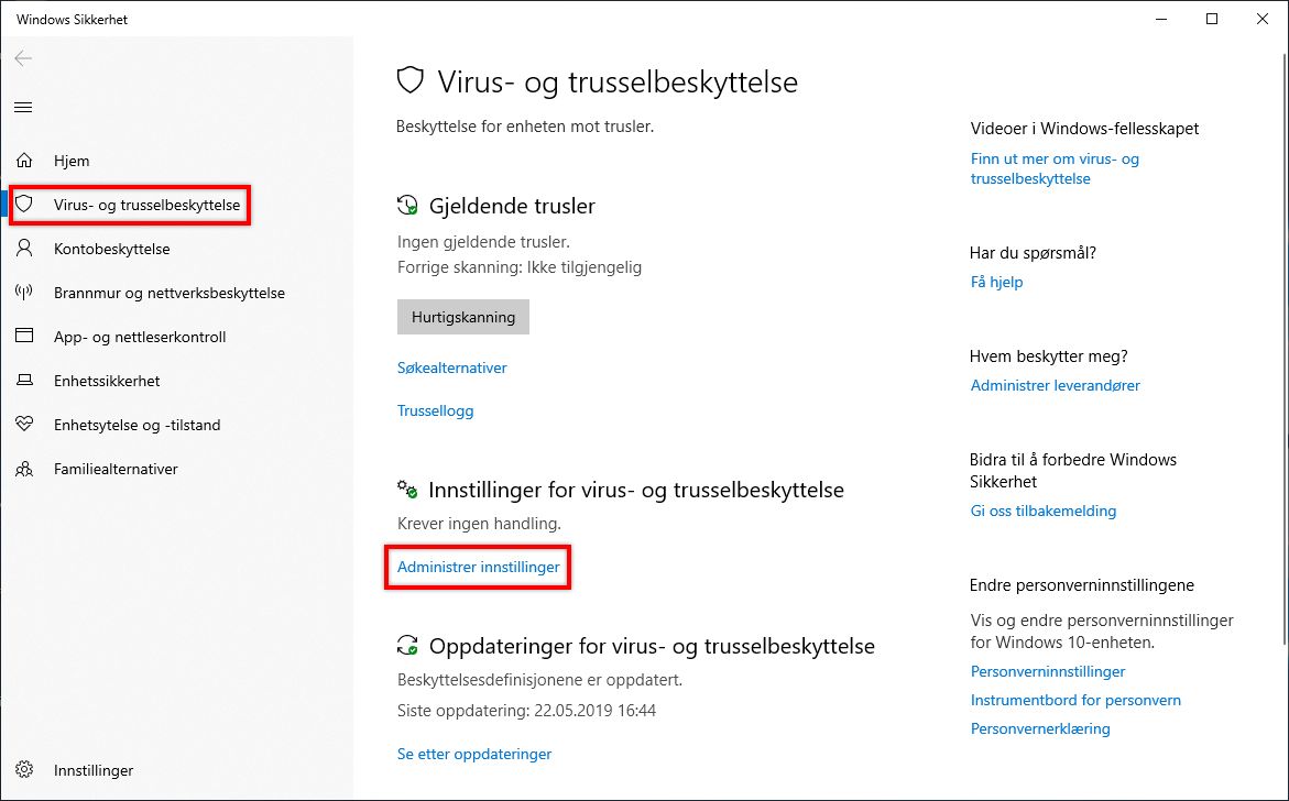 Klikk på Administrer innstillinger i Virus og trusselbeskyttelse