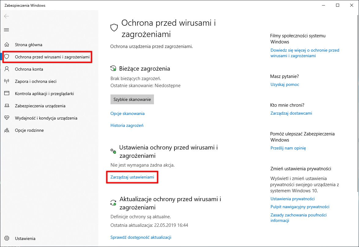 W ustawieniach Ochrona przed wirusami i zagrożeniami kliknij opcję Zarządzaj ustawieniami.