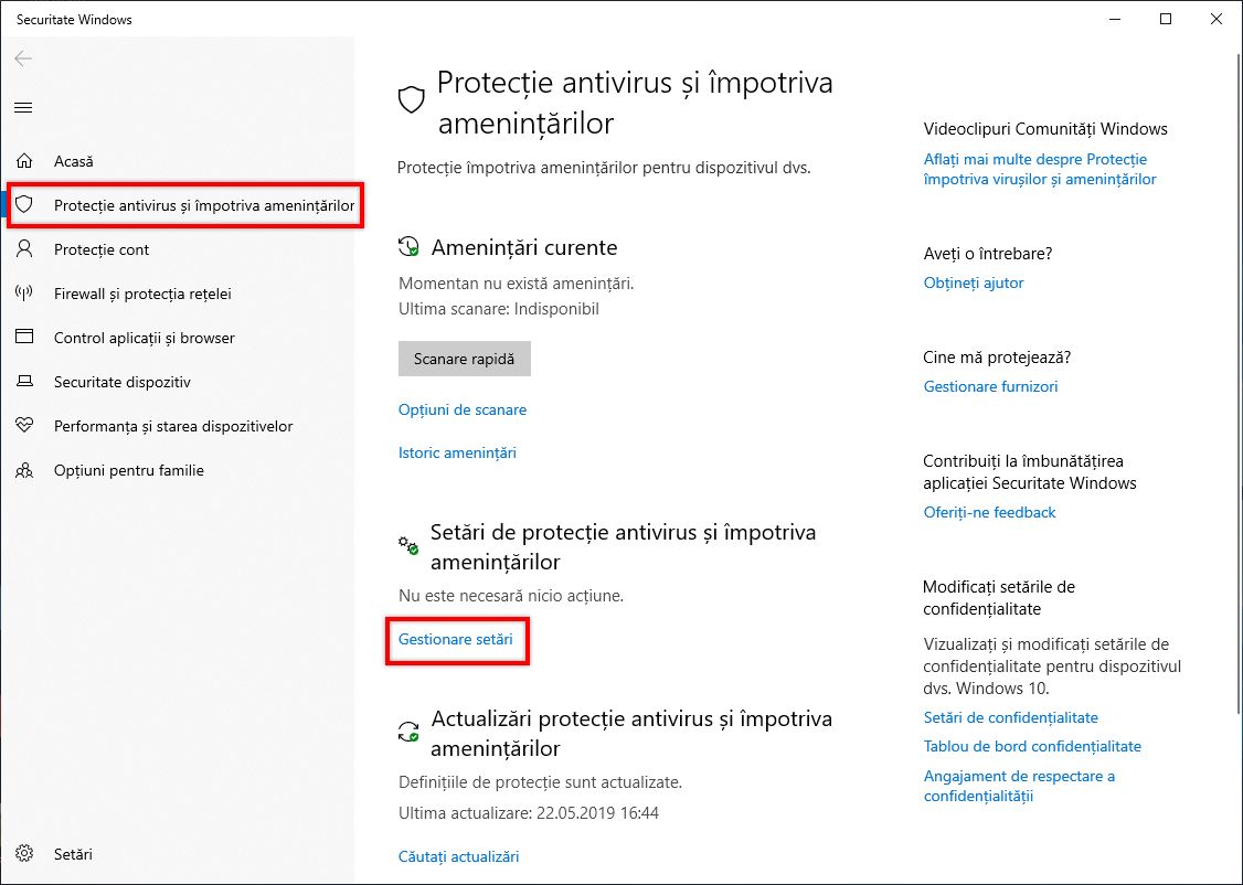 În setările de protecție împotriva virușilor și a amenințărilor, faceți clic pe Gestionare setări