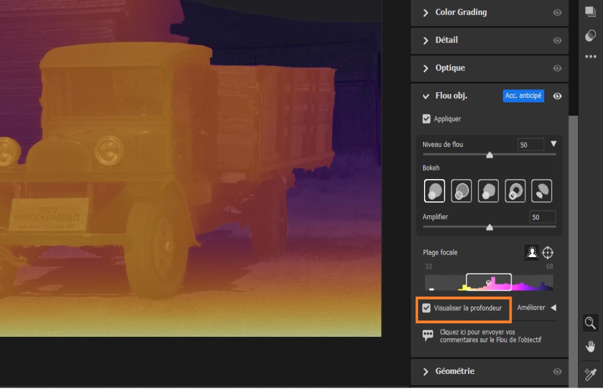 Visualisation des paramètres de Flou de l’objectif dans Adobe Camera Raw