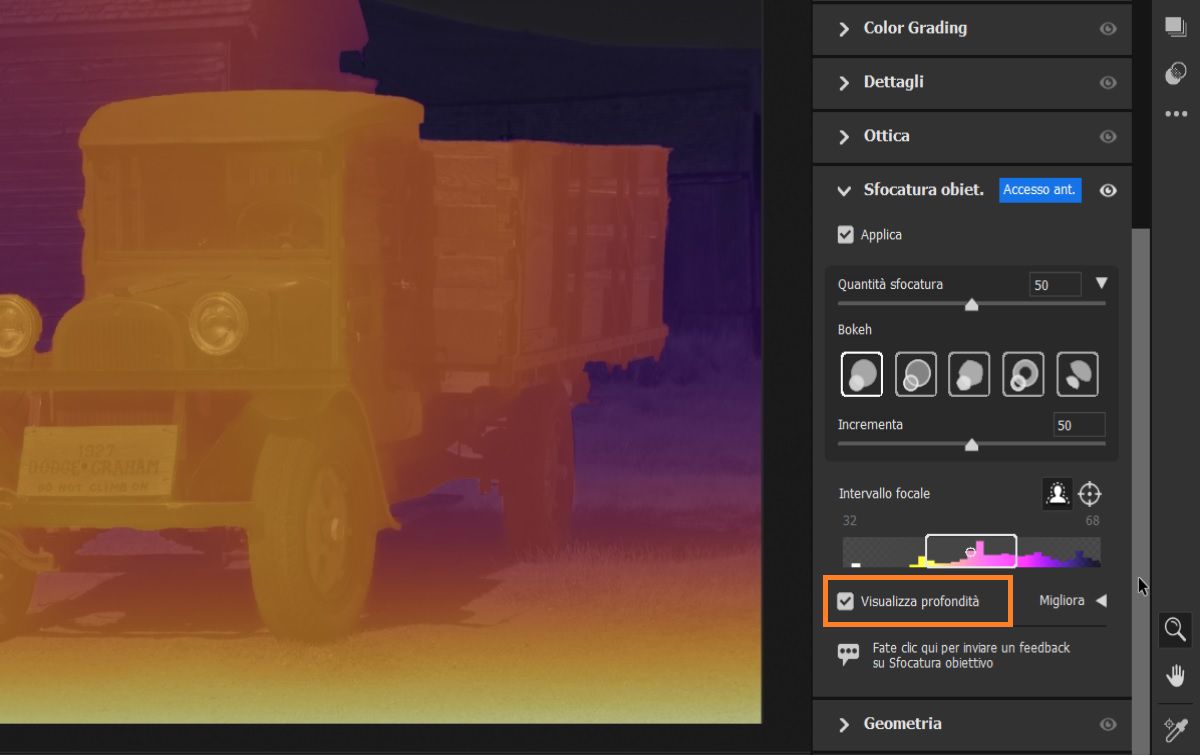 Visualizza impostazioni di Sfocatura obiettivo in Adobe Camera Raw