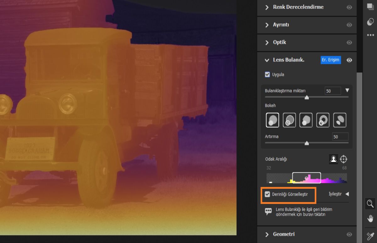 Adobe Camera Raw'da Lens Bulanıklığı ayarlarını görselleştirme