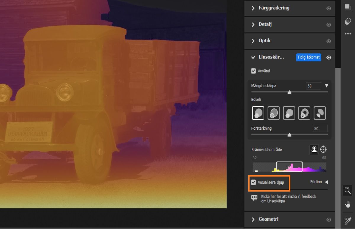 visualisera inställningar för Linsoskärpa i Adobe Camera Raw