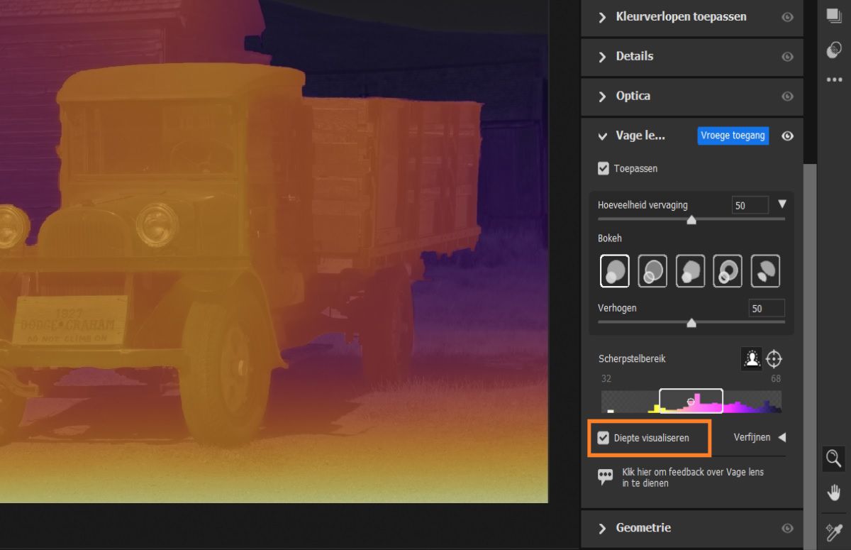 instellingen voor Vage lens visualiseren in Adobe Camera Raw