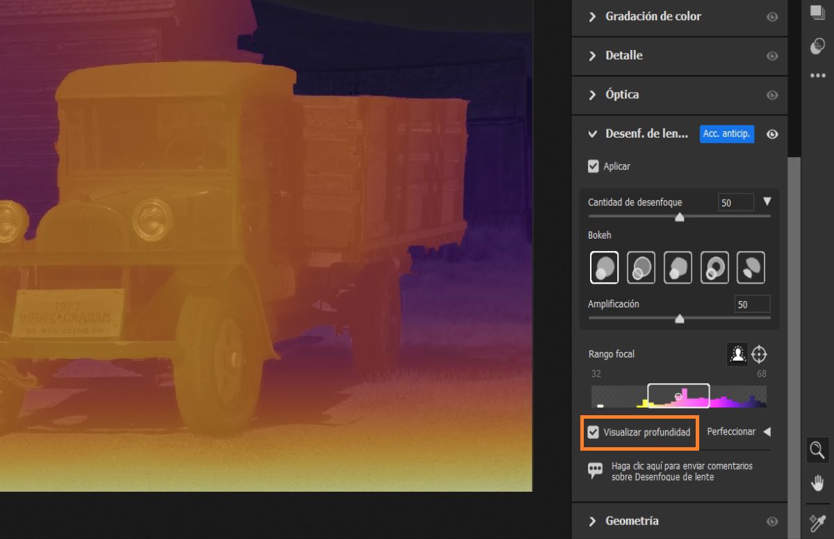 configuración de visualizar Desenfoque de lente en Adobe Camera Raw
