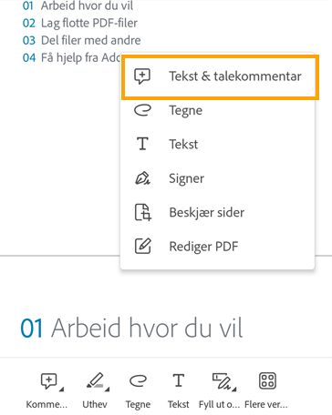 Spill inn stemmen din og send som kommentarer i Acrobat Reader-appen.
