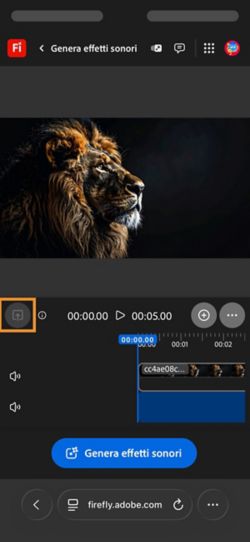 Un video è stato caricato e aggiunto alla timeline. È disponibile il pulsante Genera effetti sonori. L'opzione Upload è evidenziata.