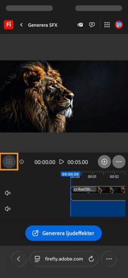 En video har laddats upp och lagts till i tidslinjen. Den har knappen Generera ljudeffekter tillgänglig. Alternativet Ladda upp är markerat.