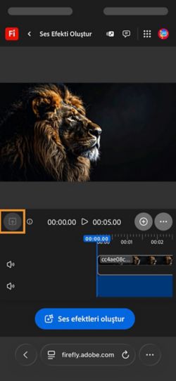Bir video yüklendi ve zaman çizelgesine eklendi. Ses efektleri oluştur düğmesi kullanılabilir durumda. Yükle seçeneği vurgulanmış.