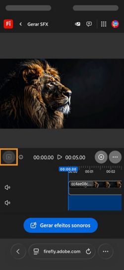 Um vídeo é carregado e adicionado à linha do tempo. Ele tem o botão Gerar efeitos sonoros disponível. A opção Fazer upload está destacada.