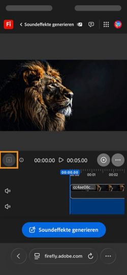 Ein Video wurde hochgeladen und zur Timeline hinzugefügt. Die Menütaste „Soundeffekte generieren“ ist verfügbar. Die Option „Upload“ ist hervorgehoben.
