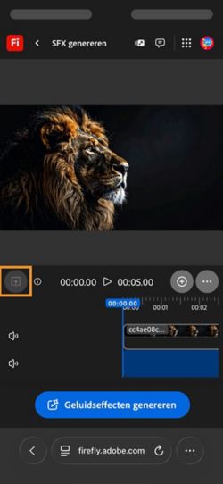 Er is een video geüpload en toegevoegd aan de tijdlijn. De knop Geluidseffecten genereren is beschikbaar. De optie Upload is gemarkeerd.
