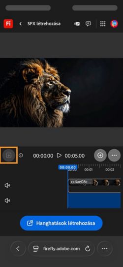 A videó feltöltésre kerül és hozzáadódik az idővonalhoz. Rendelkezésre áll a Hanghatások létrehozása gomb. A Feltöltés opció ki van emelve.