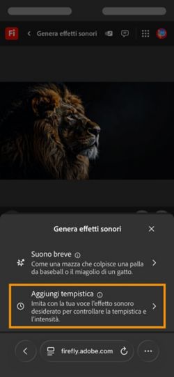 Genera effetti sonori ha due diverse opzioni e Audio a tempo con il video è selezionata tra le opzioni disponibili.