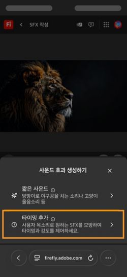 음향 효과 생성 옵션에는 두 가지 다른 옵션이 있으며, 사용 가능한 옵션 중 비디오와 함께 타이밍된 사운드 옵션이 선택되어 있습니다.