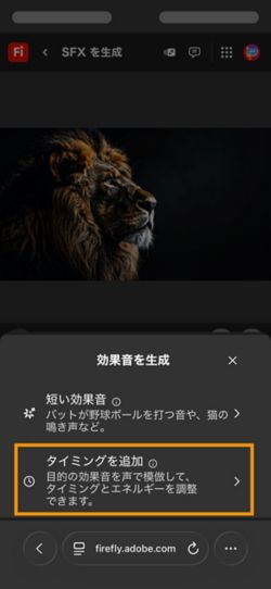 効果音を生成オプションには 2 つの異なるオプションがあり、利用可能なオプションから動画に合わせたタイミングの音オプションが選択されています。