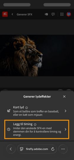 Alternativet Generer lydeffekter har to forskjellige alternativer, og alternativet Tidsbestemt lyd med videoen din er valgt fra de tilgjengelige alternativene.