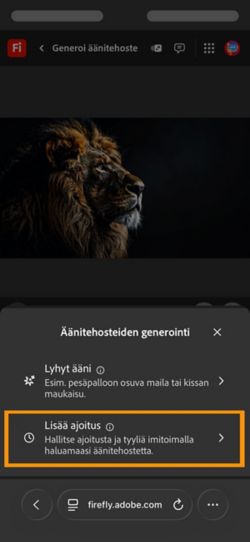 Generoi äänitehosteita -kohdassa näkyy kaksi vaihtoehtoa, joista on valittu Ajoitettu ääni videossa.