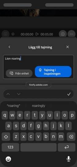 Alternativet Ljud tajmat med din video har en textprompt med alternativ för att överföra en ljudfil från enheten eller spela in den direkt i webbappen.