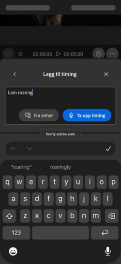 Timet lyd med videoen din har en hjelpetekst med alternativer for å laste opp en lydfil fra enheten eller spille den inn direkte i nettappen.
