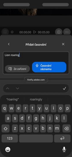Časovaný zvuk k vašemu videu má textové zadání s možnostmi nahrát zvukový soubor ze zařízení nebo jej zaznamenat přímo ve webové aplikaci.
