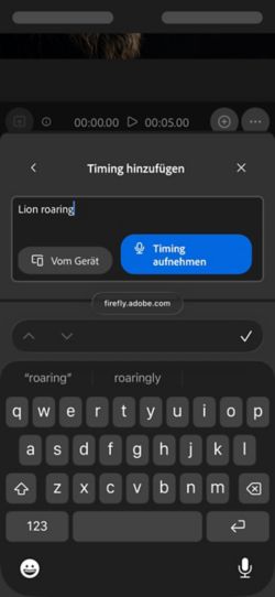 „Sound passend zum Video“ verfügt über eine Texteingabeaufforderung mit den Optionen, eine Audiodatei vom Gerät hochzuladen oder direkt in der Webanwendung aufzunehmen.