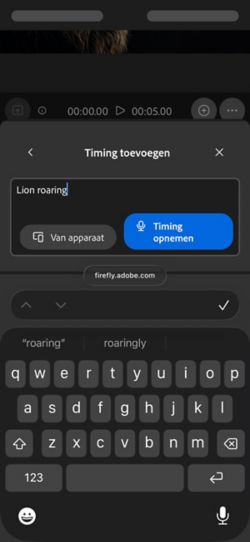 Getimed geluid bij je video heeft een tekstopdracht met de opties om een audiobestand te uploaden vanaf het apparaat of het direct op te nemen in de web-app.