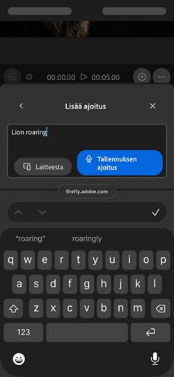 Ajoitettu ääni videossa -vaihtoehdossa on tekstikehote ja vaihtoehdot ladata äänitiedosto laitteelta tai äänittää se suoraan verkkosovelluksessa.