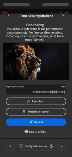 La schermata Tempistica registrazione mostra il video caricato, un prompt di testo e le opzioni per rivedere, registrare o generare effetti sonori.