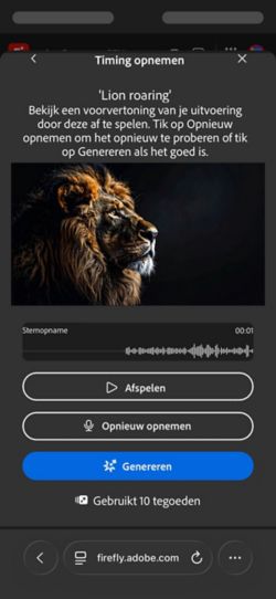 Het scherm Timing opnemen toont de geüploade video, een tekstopdracht en opties om geluidseffecten te controleren, op te nemen of te genereren.