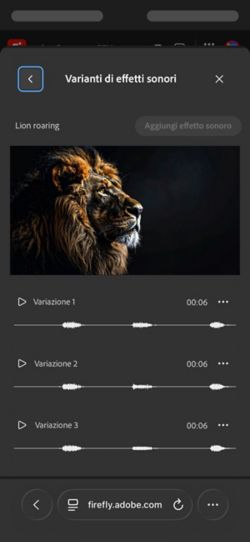 L'opzione Brevi varianti audio è aperta e sono disponibili quattro diverse variazioni generate tra cui scegliere. C'è anche un'opzione per aggiungere gli effetti sonori alla timeline.