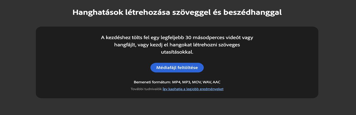A Hanghatások létrehozása oldalon feltölthet egy médiafájlt a megadott gomb segítségével. Az oldal az optimális eredményekhez ideális hosszúságot és formátumokat is meghatározza.