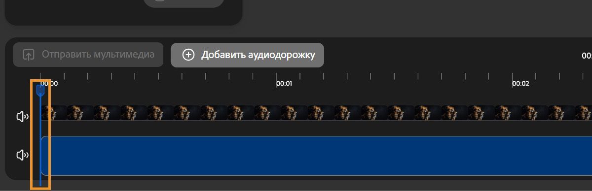Выделен курсор воспроизведения, который помещен где-то в середине временной шкалы. Можно выполнить предварительный просмотр, добавить другую аудиодорожку и отключить звук канала.