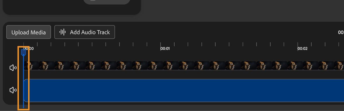 The playhead is highlighted and positioned somewhere in the middle of the timeline. You have options to preview, add another audio track, and mute the channel.