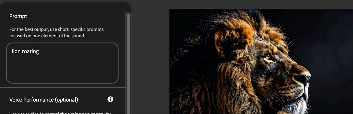 On the Generate Sound Effects page, there's a prompt section where you can enter a text description to generate a sound effect. The current text prompt is - 'lion roaring'.