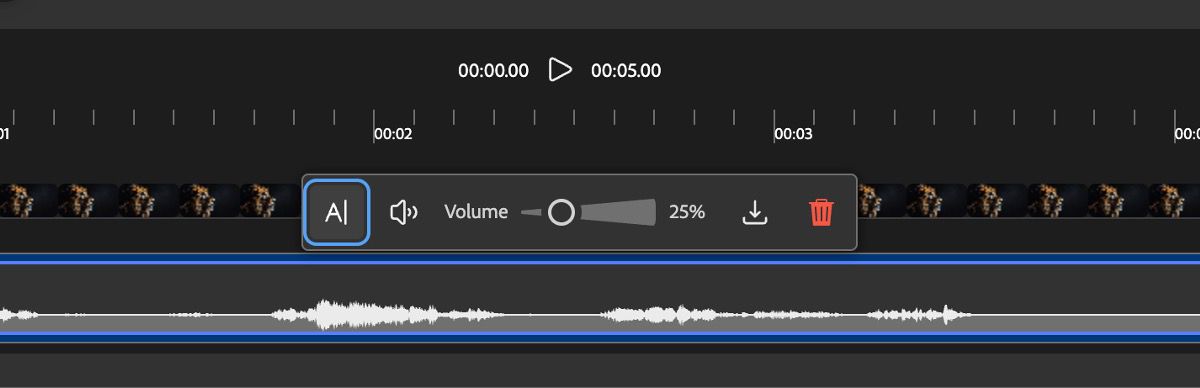 The sound effect added in the timeline is selected and there are editing options to use. These editing options include mute, volume, download, and delete.