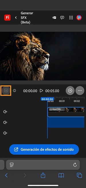 Se ha cargado un vídeo y se ha añadido a la cronología.Tiene disponible el botón Generar efectos de sonido.La opción Cargar está resaltada.