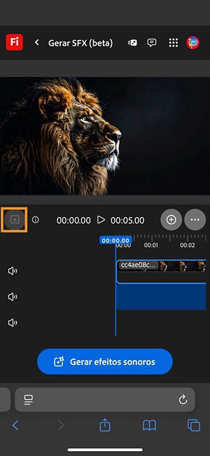 Um vídeo é carregado e adicionado à linha do tempo.Ele tem o botão Gerar efeitos sonoros disponível.A opção Upload está destacada.