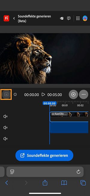 Ein Video wurde hochgeladen und zur Timeline hinzugefügt. Die Menütaste „Soundeffekte generieren“ ist verfügbar. Die Option „Upload“ ist hervorgehoben.