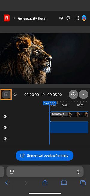 Video je nahráno a přidáno na časovou osu.Je k dispozici tlačítko Generovat zvukové efekty.Je zvýrazněna možnost Nahrát.