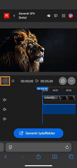 En video er uploadet og føjet til tidslinjen.Den har knappen Generér lydeffekter tilgængelig.Indstillingen Upload er fremhævet.