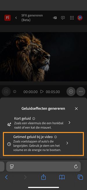 De optie Geluidseffecten genereren heeft twee verschillende opties en de optie Getimed geluid bij je video is geselecteerd in de beschikbare opties.