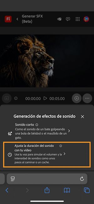 La opción Generar efectos de sonido tiene dos opciones diferentes y se ha seleccionado la opción Sonido sincronizado con su vídeo entre las opciones disponibles.