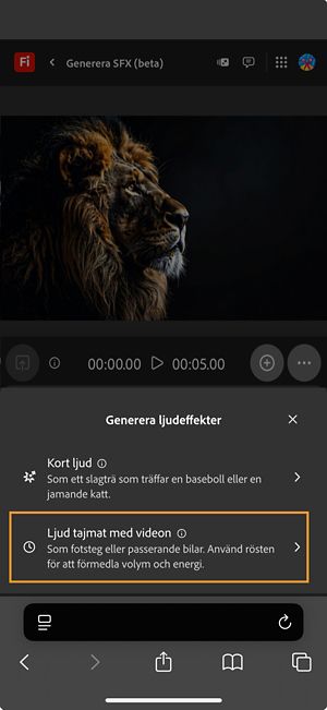 Alternativet Generera ljudeffekter har två olika alternativ och alternativet Ljud tajmat med din video är valt bland de tillgängliga alternativen.