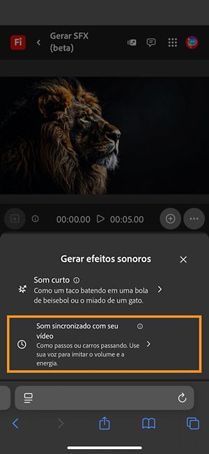 A opção Gerar efeitos sonoros tem duas opções diferentes e a opção Som cronometrado com o vídeo está selecionada entre as opções disponíveis.