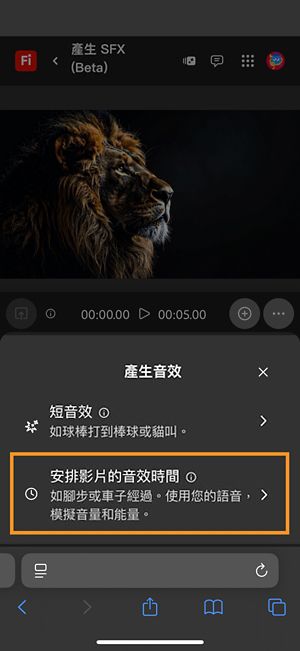 「產生音效」選項有兩個不同的選項，且已從可用的選項中選取「安排影片的音效時間」選項。