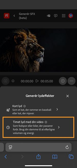 Indstillingen Generér lydeffekter har to forskellige muligheder, og indstillingen Timet lyd med din video er valgt blandt de tilgængelige muligheder.